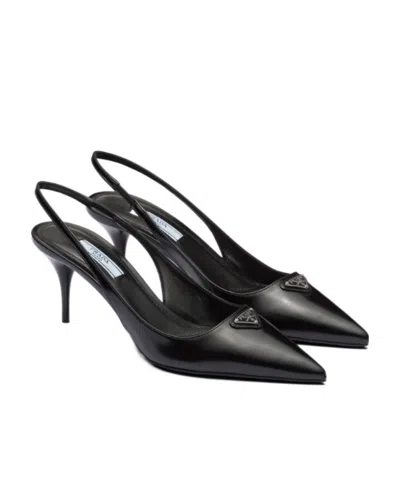 Prada Brushed Leather Slingback Pumps In Black