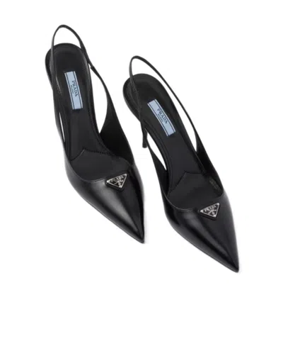 Prada Brushed Leather Slingback Pumps In Black