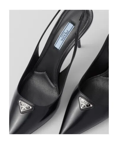 Prada Brushed Leather Slingback Pumps In Black