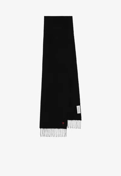 Ami Alexandre Mattiussi Ami Paris Ami De Coeur Wool Scarf With Fringed Edges In Black