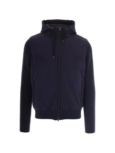 Herno Double-fabric Wool Hooded Jacket In Blue