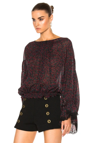 Shop Chloé Cherry Print On Crepon Blouse In Floral, Green, Red. In Black & Crimson