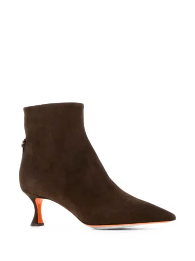 Santoni Suede Mid-heel Ankle Boot With Back Decorative Strap In Brown