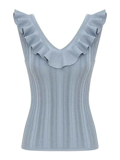 Zimmermann Womens Metallic Blue Aster Metallic Frilled Rib-knit Top In Blue