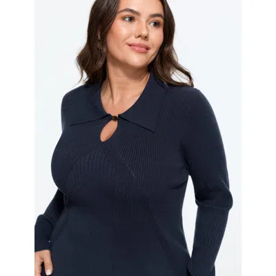 Bloomchic Polo Collar Keyhole Button Pullover In Blue