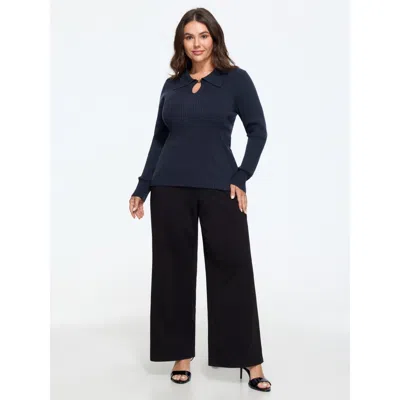 Bloomchic Polo Collar Keyhole Button Pullover In Blue