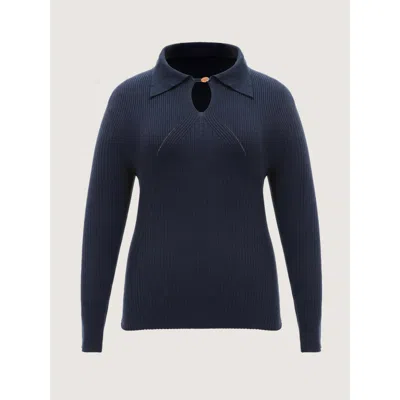 Bloomchic Polo Collar Keyhole Button Pullover In Blue
