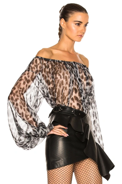 Shop Saint Laurent Leopard Print Off The Shoulder Blouse In Black & Gray
