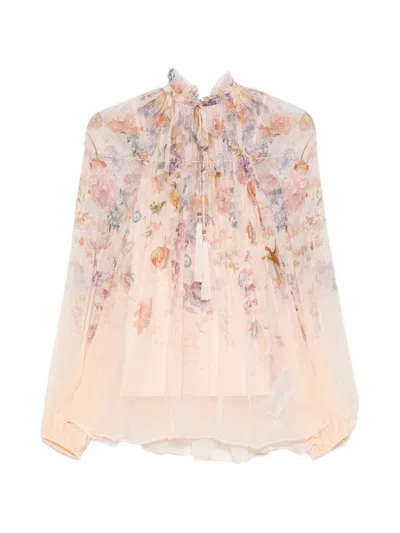 Zimmermann Printed High Neck Long Sleeve Blouse In Pink
