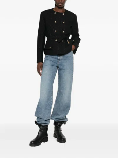 Maje Belted Double-breasted Tweed Jacket In Black