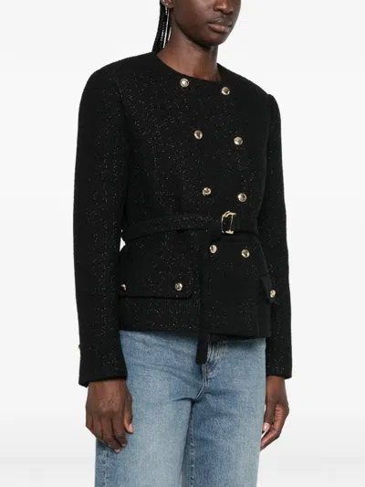 Maje Belted Double-breasted Tweed Jacket In Black