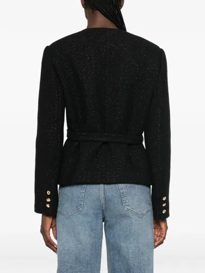 Maje Belted Double-breasted Tweed Jacket In Black