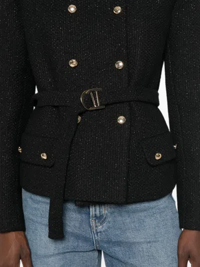Maje Belted Double-breasted Tweed Jacket In Black