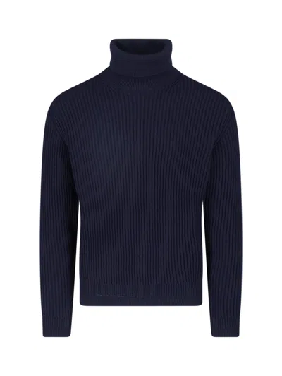 Zanone Ribbed Knit High-turtleneck Structured-texture Sweater In Blue