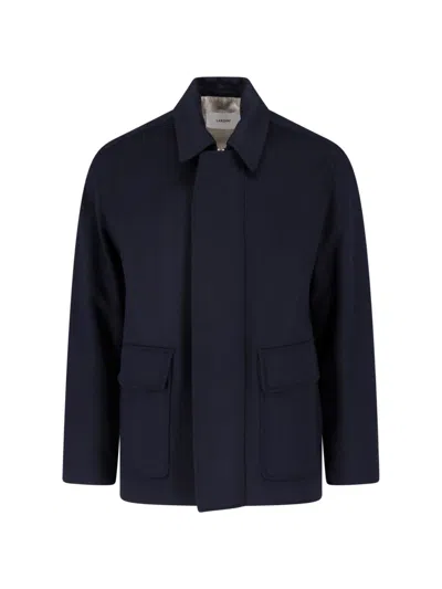 Lardini Blue Minimalist Structured Collar Concealed Placket Jacket In Blue
