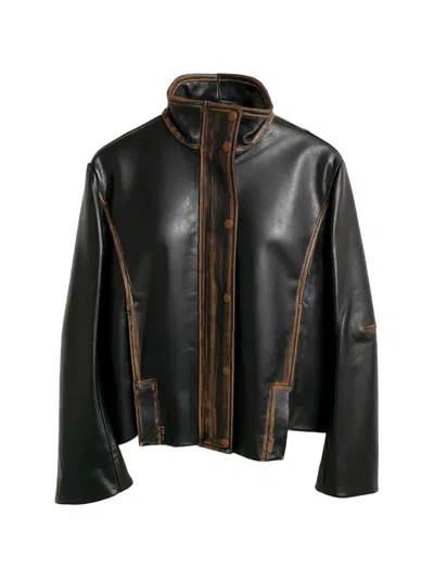 Brandon Maxwell Mason High-neck Leather Jacket In Brown
