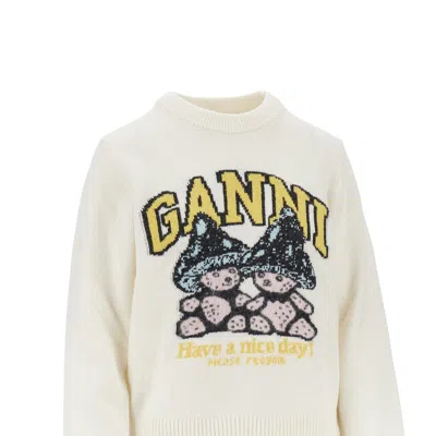 Ganni Basic Cotton Long-sleeve T-shirt With Teddy Mushroom Print In White