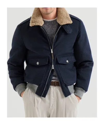 Brunello Cucinelli Shearling-collar Bomber Jacket In Blue