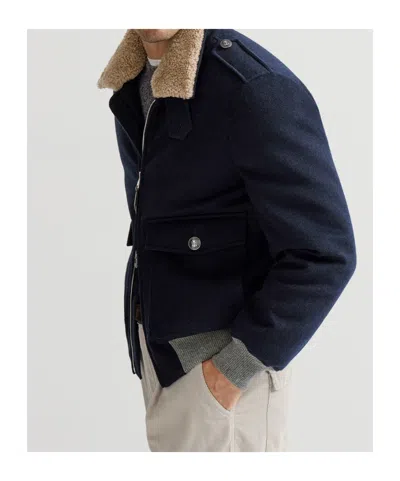Brunello Cucinelli Shearling-collar Bomber Jacket In Blue