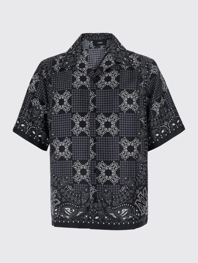 Amiri Silk Bowling Shirt With Cuban Collar And All-over Geometric Print In Blue