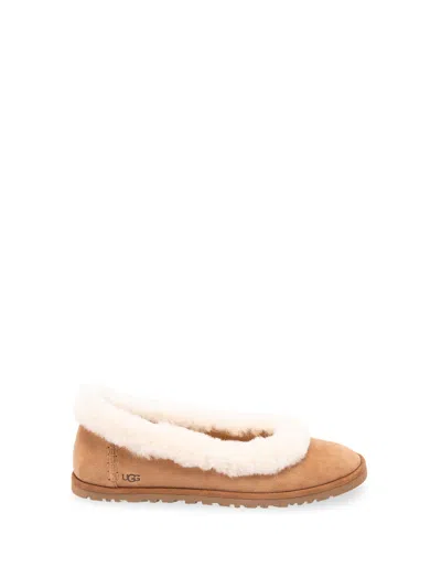 Ugg Soft Suede Ballet Flat With Plush Sheepskin Lining In Brown