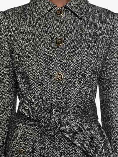 Dolce & Gabbana Herringbone-pattern Belted Single-breasted Coat In Black
