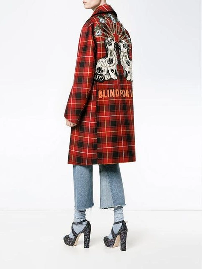 Shop Gucci Embroidered Tartan Overcoat In Red