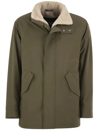 Herno Soft Shell Coat With Shearling-effect Lining In Verde