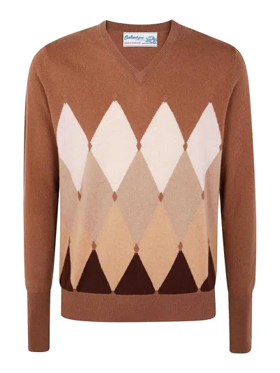 Ballantyne V Neck Pullover Argyle Pattern Knit In Brown