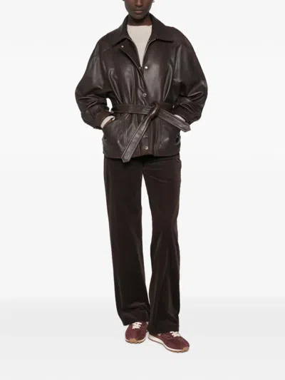 Maje Belted Leather Jacket In Brown
