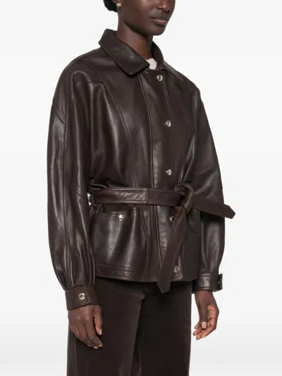 Maje Belted Leather Jacket In Brown