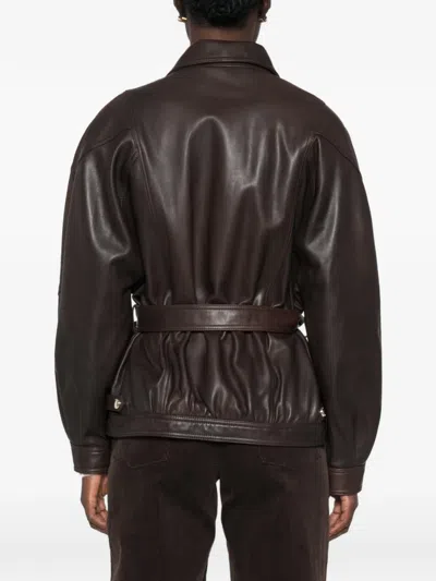 Maje Belted Leather Jacket In Brown