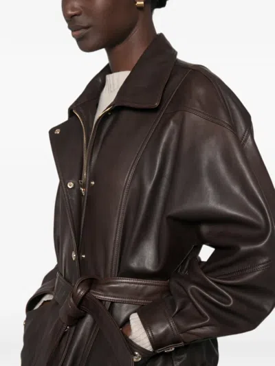 Maje Belted Leather Jacket In Brown