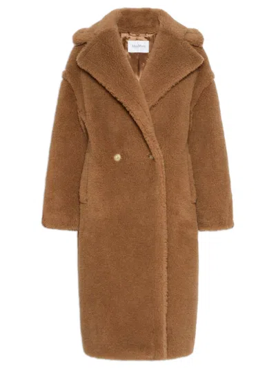 Max Mara Inspired Oversized Camel-silk Double-breasted Overcoat With Lapel Collar In Brown