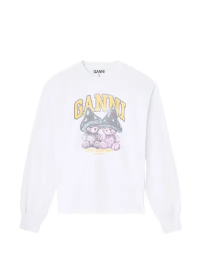 Ganni Basic Cotton Long-sleeve T-shirt With Teddy Mushroom Print In White