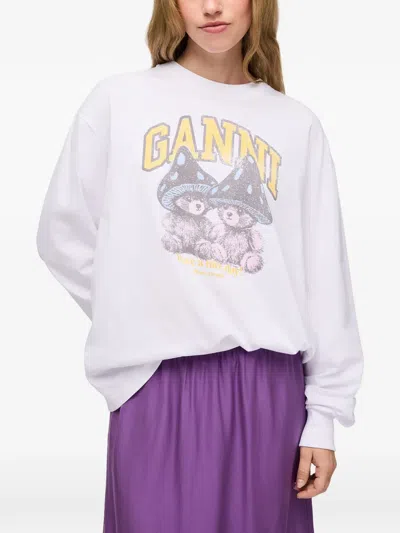 Ganni Basic Cotton Long-sleeve T-shirt With Teddy Mushroom Print In White