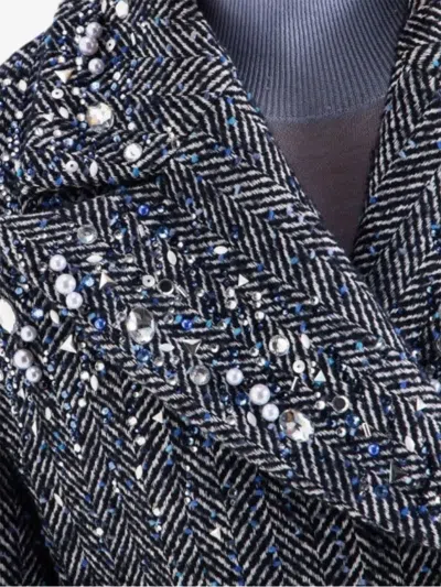 Genny Crystal-embellished Herringbone Coat In Black