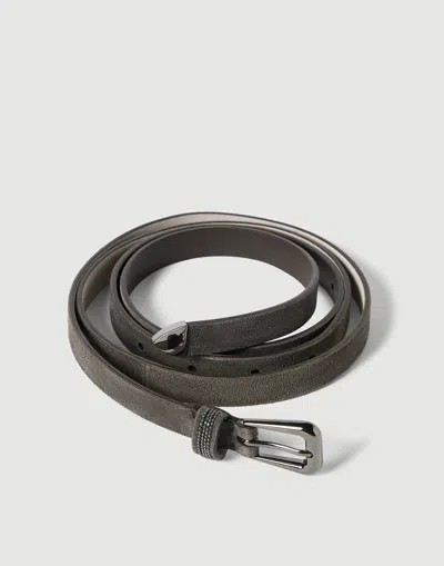 Brunello Cucinelli Suede Belt With Shiny Loop In Silver