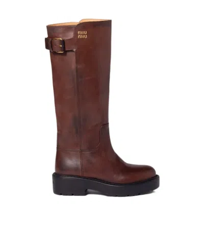 Miu Miu Logo Leather Boots In Multi