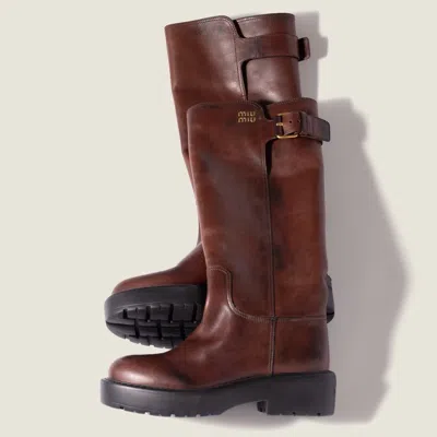 Miu Miu Logo Leather Boots In Multi