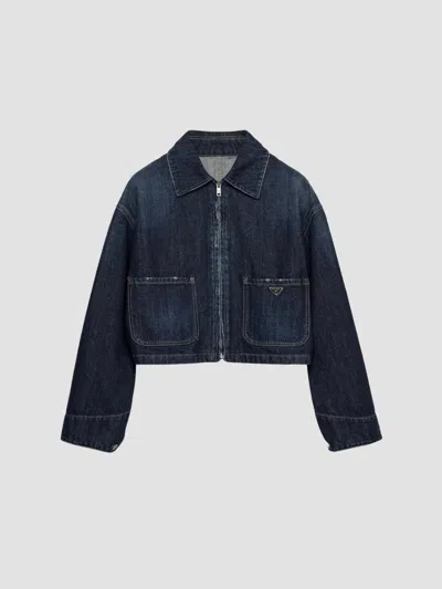 Prada Cropped Denim Jacket Structured Collar Long Sleeves In Blue