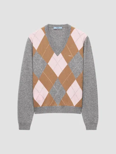 Prada Argyle-pattern V-neck Cashmere Sweater In Blue