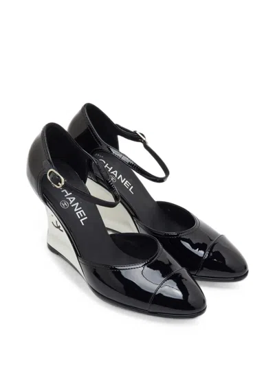 Pre-owned Chanel Cc Ankle-strap Wedge Pumps In Black
