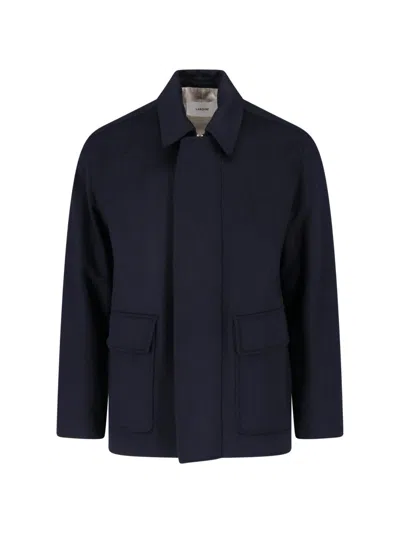 Lardini Blue Minimalist Structured Collar Concealed Placket Jacket In Blue