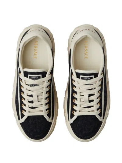 Versace Greca Jacquard Canvas Platform Trainers In Black