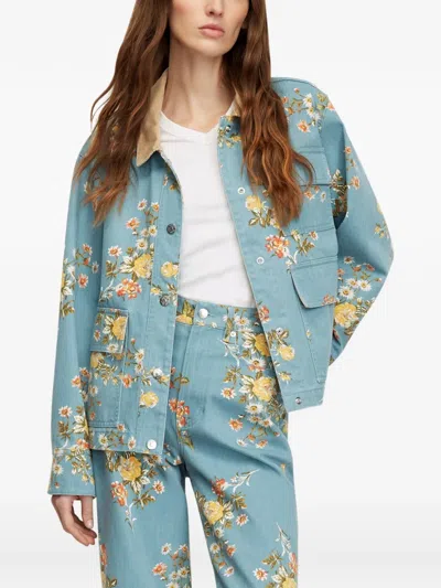 Veronica Beard Leighton Floral-print Corduroy-collar Jacket In Blue