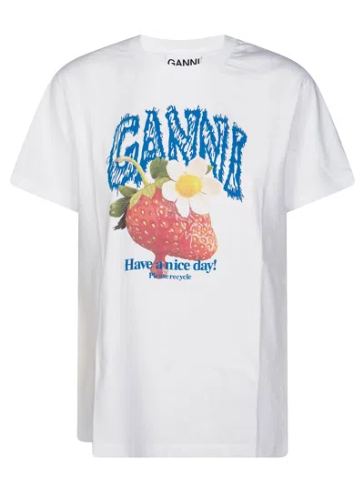 Ganni Womens Bright White Jersey Strawberry Printed Round-neck Cotton-jersey T-shirt In White