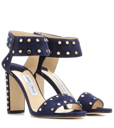 Jimmy Choo Veto 100 Embellished Leather Sandals In Navy/gold