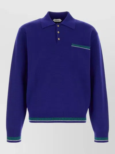 Versace Pull Polo En Maille De Laine Jacquard In Blue