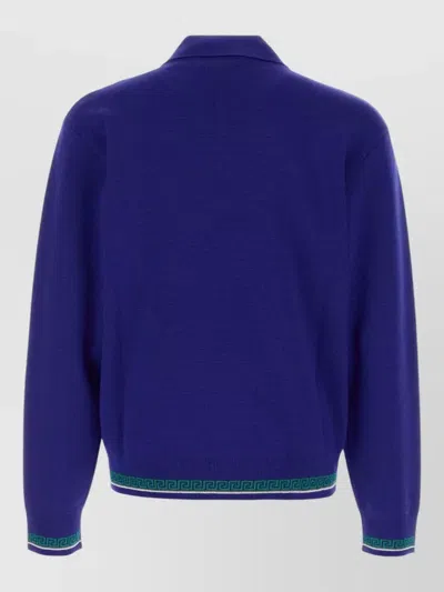 Versace Pull Polo En Maille De Laine Jacquard In Blue
